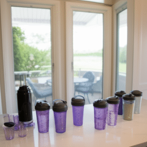 A vibrant image of a Nutriblend blender in action, filled with a colorful smoothie. The powerful motor and blades are highlighted, along with accessories like a travel cup, set against a soft, pastel gradient background.