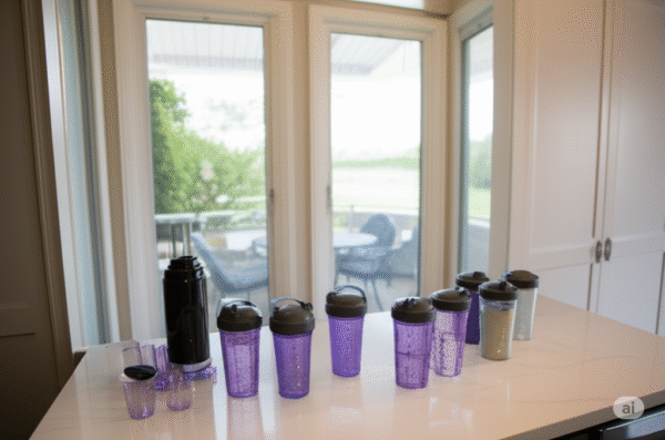 A vibrant image of a Nutriblend blender in action, filled with a colorful smoothie. The powerful motor and blades are highlighted, along with accessories like a travel cup, set against a soft, pastel gradient background.