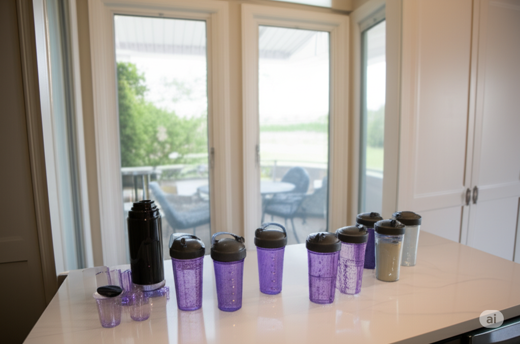A vibrant image of a Nutriblend blender in action, filled with a colorful smoothie. The powerful motor and blades are highlighted, along with accessories like a travel cup, set against a soft, pastel gradient background.