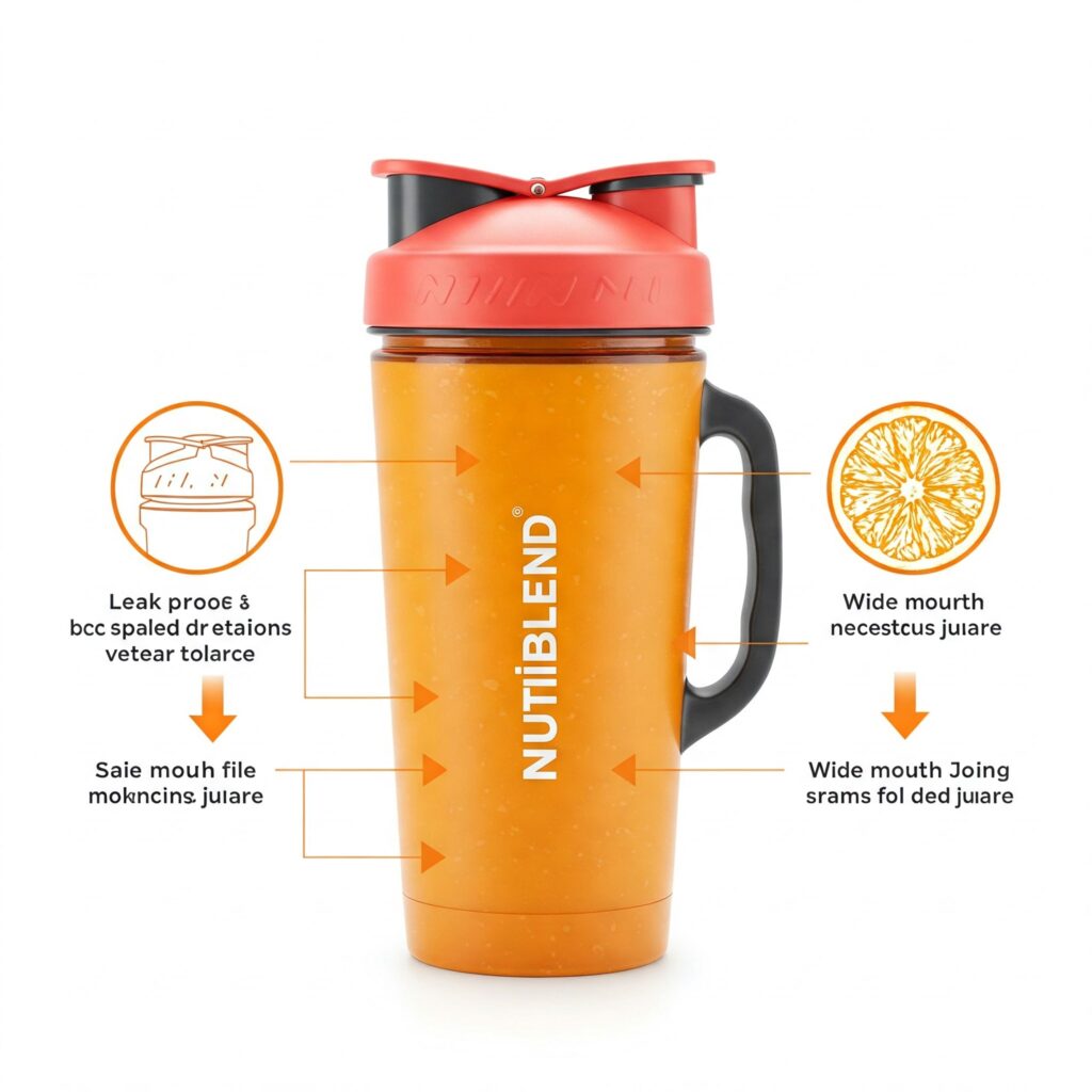 A sleek, insulated blender bottle filled with vibrant orange juice, featuring the text "Nutriblend" in bold white lettering on the side. Arrows point to various features of the bottle against a clean white background.