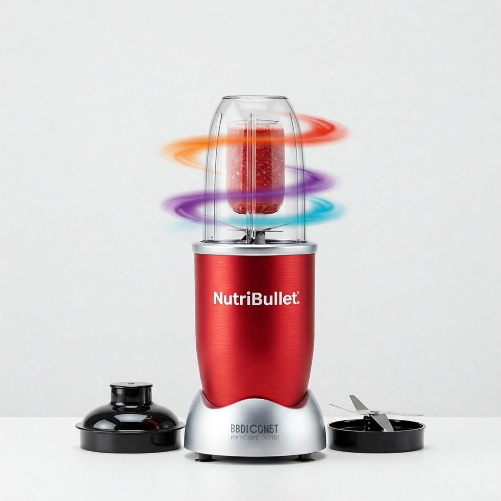 A vibrant, stainless steel Nutribullet blender is captured against a clean white backdrop, showcasing its sleek design and functionality. The blender is positioned upright, with its clear, BPA-free plastic cup attached to the base