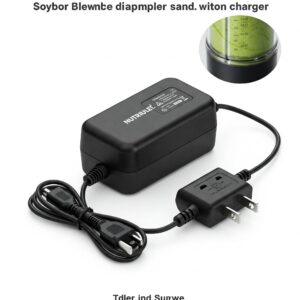 A detailed, high-quality product shot of a Nutribullet blender charger, showcasing the sleek design and robust build of the power adapter. The charger is plugged into a standard electrical outlet, and a Nutribullet blender is plugged into the charger, ready to blend. The charger features a black color with a high-gloss finish.